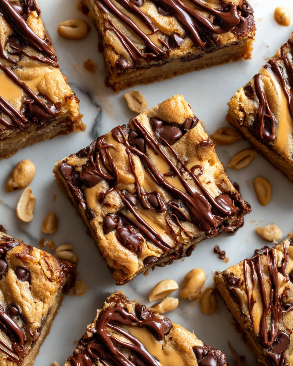 Delicious chocolate chip peanut butter blondies baked to perfection, featuring rich peanut butter and melty chocolate, a fall favorite dessert.