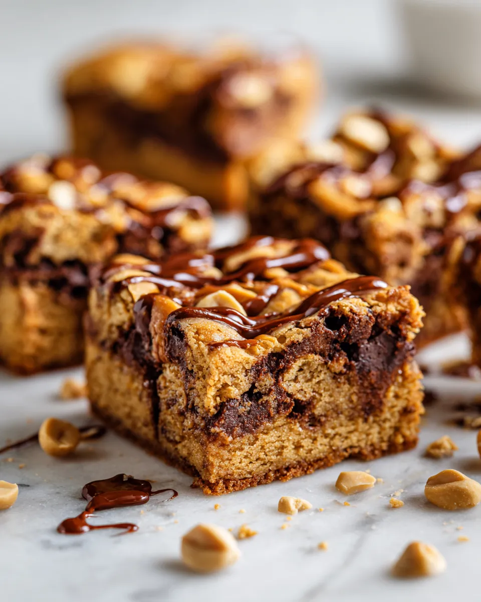 Delicious chocolate chip peanut butter blondies baked to perfection, featuring rich peanut butter and melty chocolate, a fall favorite dessert.