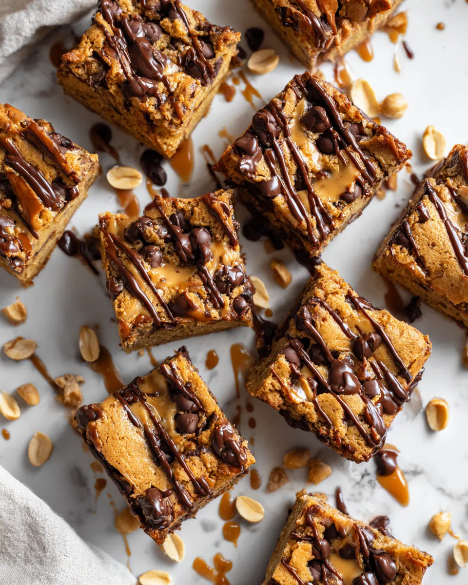 Delicious chocolate chip peanut butter blondies baked to perfection, featuring rich peanut butter and melty chocolate, a fall favorite dessert.