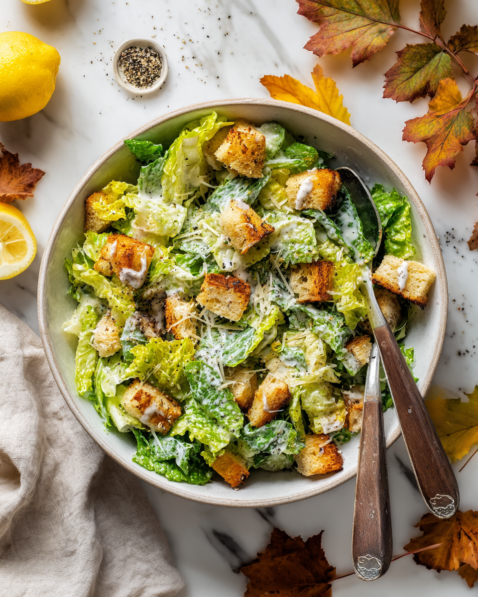 Classic Caesar Salad with Asiago Dressing topped with crunchy croutons and fresh romaine, ideal side for festive meals