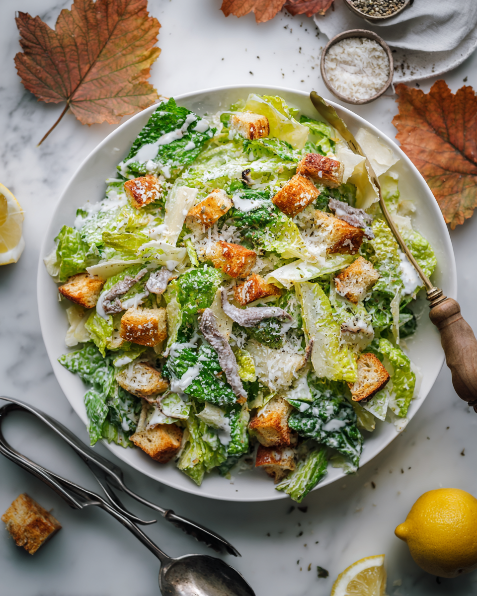 Classic Caesar Salad with Asiago Dressing topped with crunchy croutons and fresh romaine, ideal side for festive meals