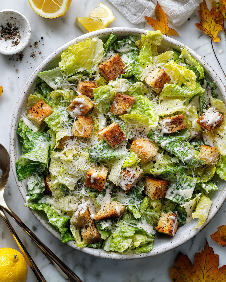 Classic Caesar Salad with Asiago Dressing topped with crunchy croutons and fresh romaine, ideal side for festive meals