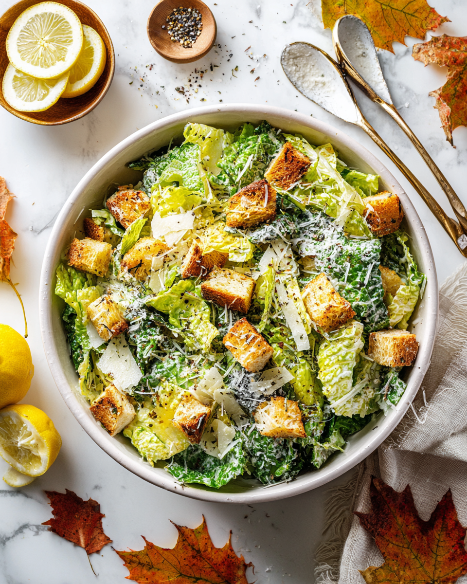 Classic Caesar Salad with Asiago Dressing topped with crunchy croutons and fresh romaine, ideal side for festive meals