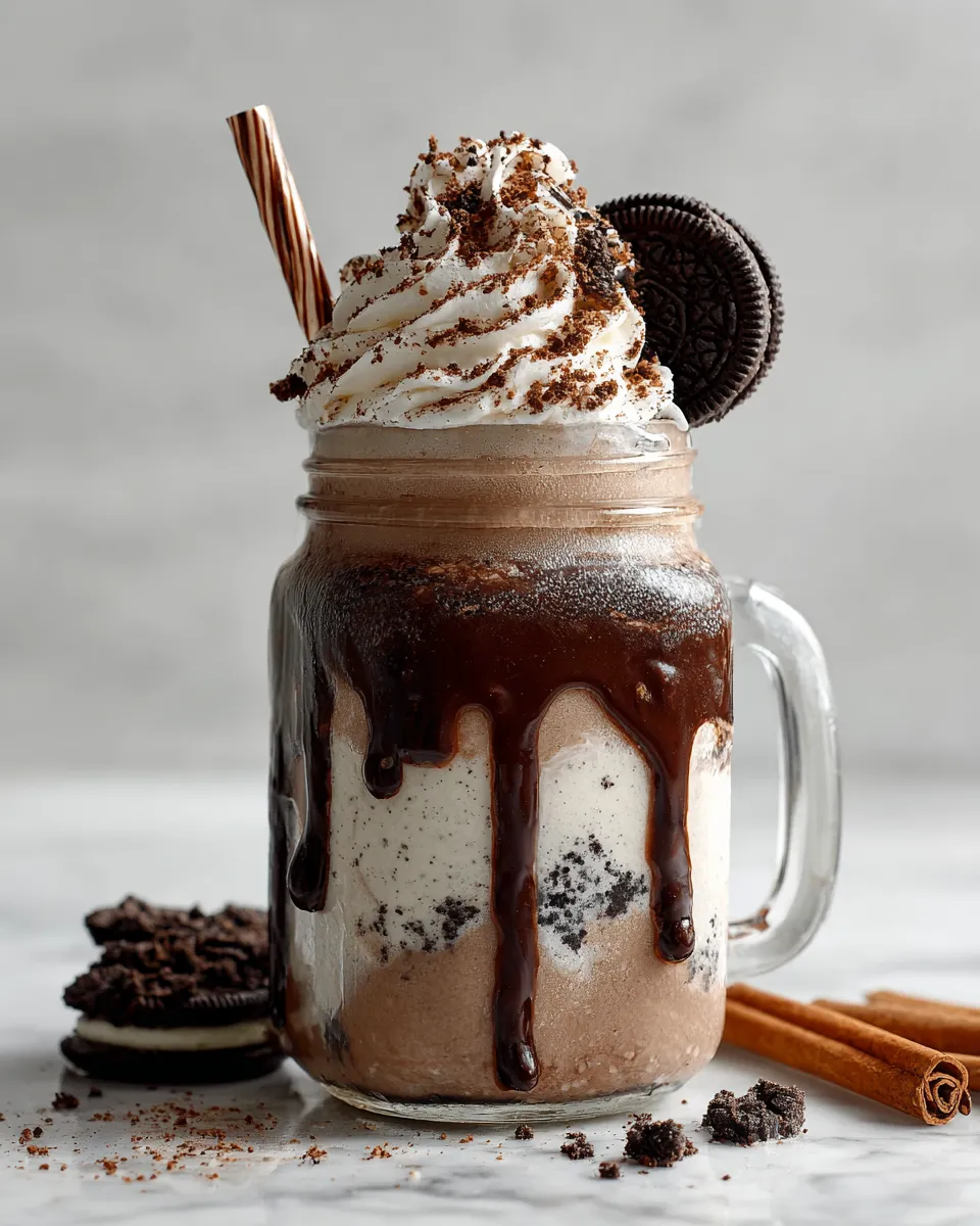 Delicious cookies and cream shake made with vanilla ice cream and Oreo cookies, topped with whipped cream for a festive drink.