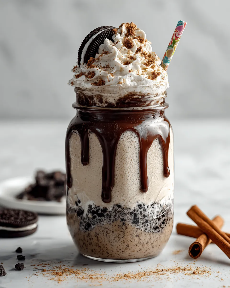 Delicious cookies and cream shake made with vanilla ice cream and Oreo cookies, topped with whipped cream for a festive drink.