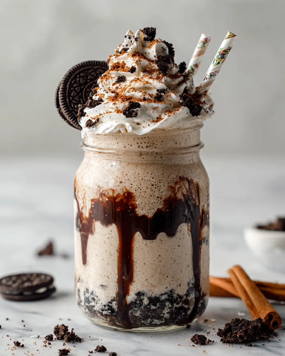 Delicious cookies and cream shake made with vanilla ice cream and Oreo cookies, topped with whipped cream for a festive drink.
