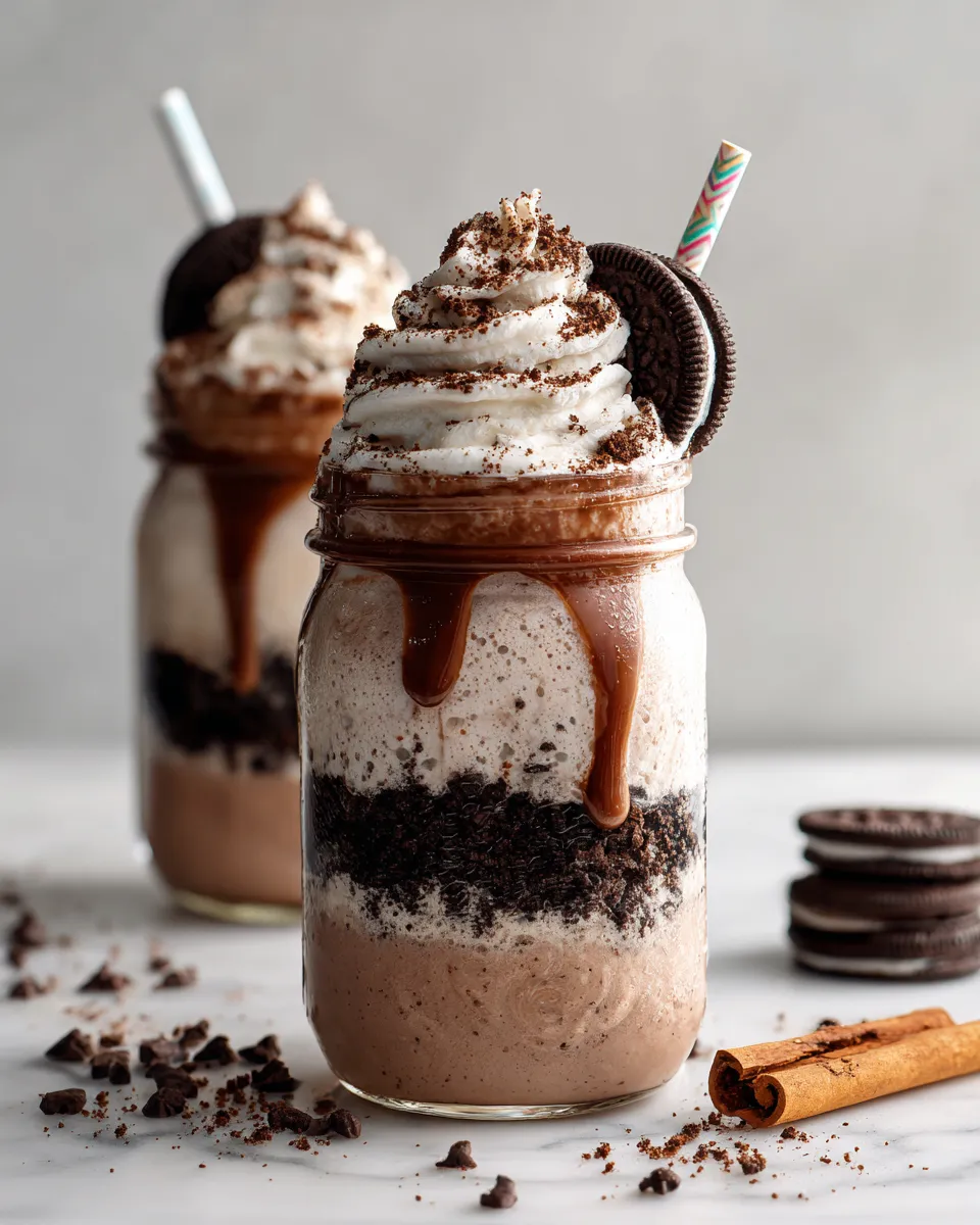 Delicious cookies and cream shake made with vanilla ice cream and Oreo cookies, topped with whipped cream for a festive drink.