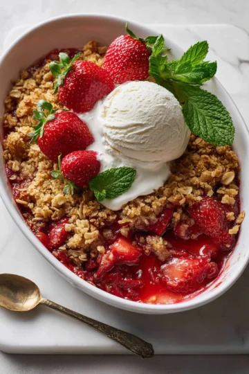 Delicious Strawberry Crisp with strawberries and oat crumble served warm, ideal for holiday desserts.
