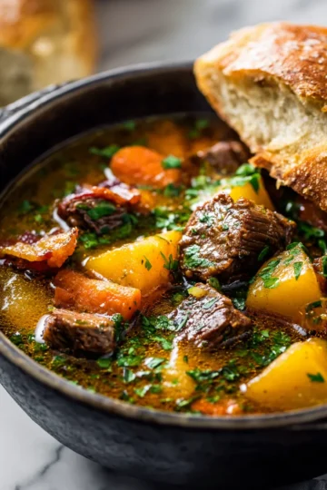 Hearty bacon beef stew made with tender beef, crispy bacon, and fresh vegetables, perfect for cozy gatherings.