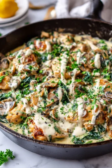 Delicious skillet creamy chicken mushroom florentine featuring seared chicken, sautéed mushrooms, spinach in a rich sauce.