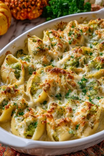Creamy chicken broccoli alfredo shells baked to perfection, a hearty dish for holiday gatherings with family and friends.