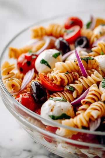 Colorful Tuscan pasta salad with rotini, cherry tomatoes, mozzarella, and vibrant dressing, perfect for holiday gatherings