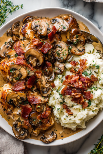 Creamy balsamic mushroom bacon chicken with rich flavors for holiday gatherings