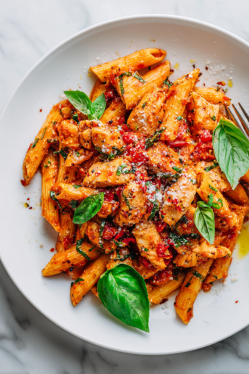 Delicious Chicken Penne Arrabbiata with sautéed chicken, spicy tomato sauce, and vibrant garnishes, perfect for cozy dinners.