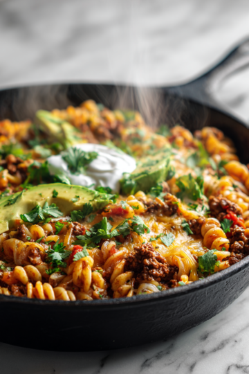 One Pot Beef Taco Pasta recipe with savory beef and pasta, perfect fall comfort food in one pot