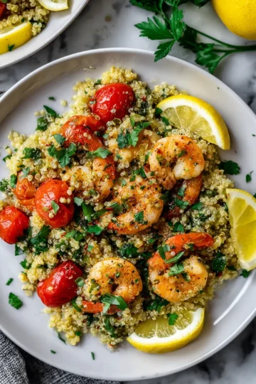 Delicious garlic shrimp quinoa dish topped with fresh parsley, perfect for holiday meals and gatherings.