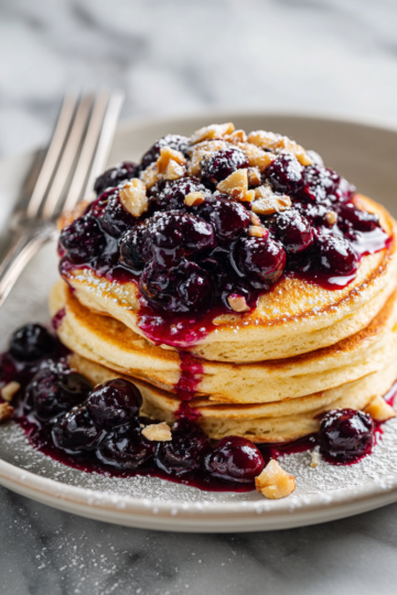 Fluffy chickpea flour pancakes topped with blueberry compote served on a white plate, perfect for a gluten-free brunch.