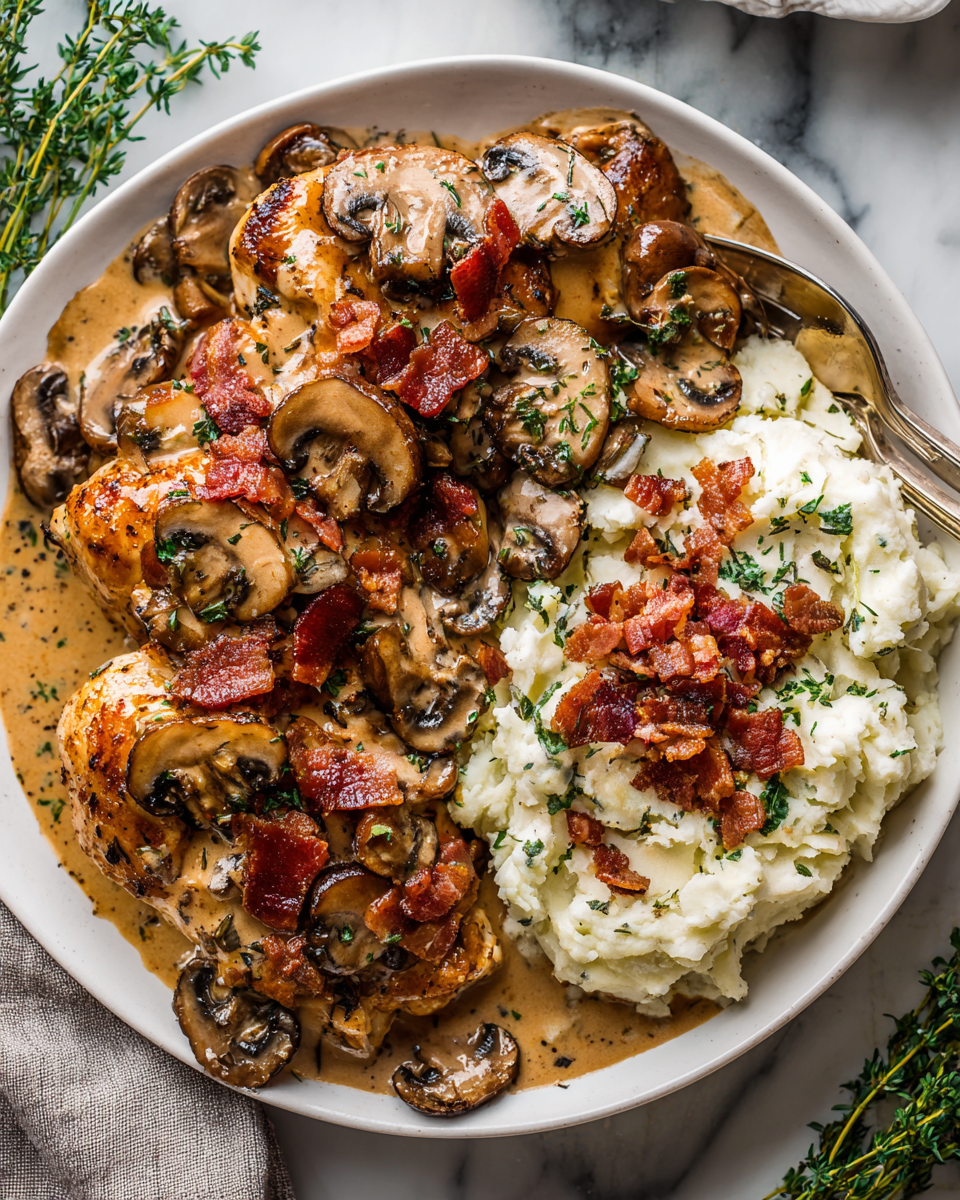 Creamy balsamic mushroom bacon chicken with rich flavors for holiday gatherings