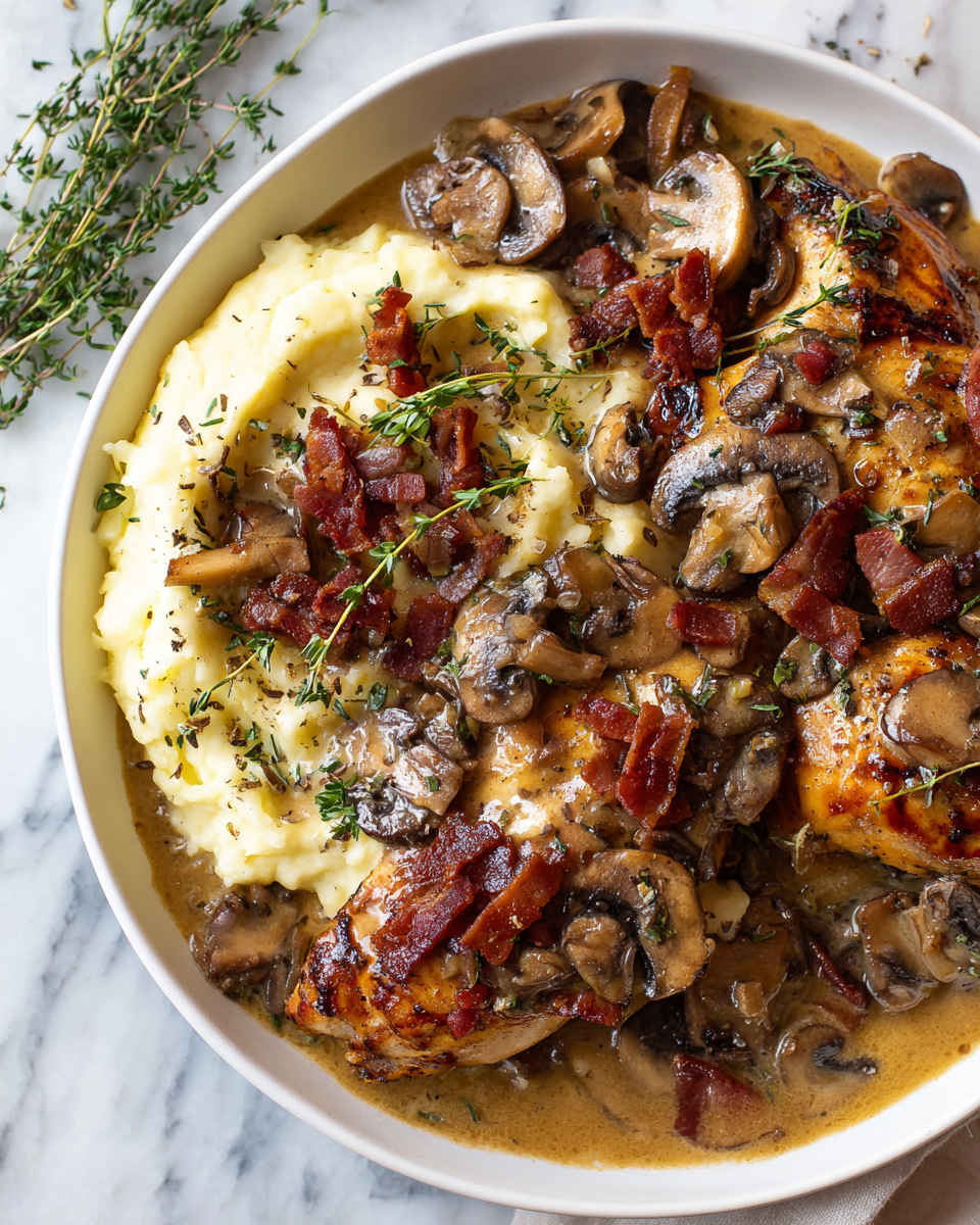 Creamy balsamic mushroom bacon chicken with rich flavors for holiday gatherings