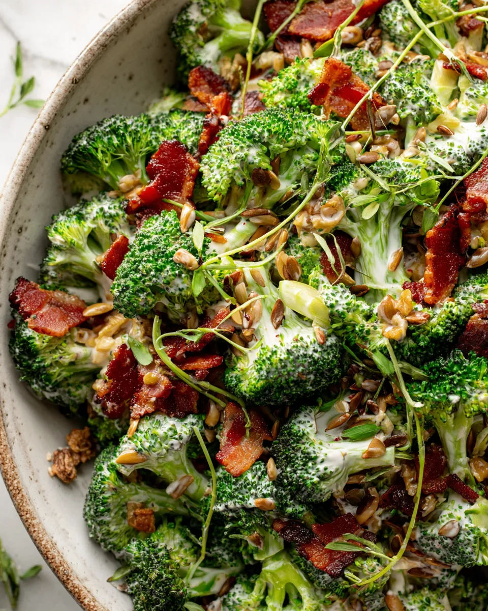 Creamy broccoli bacon cheddar salad with fresh ingredients, perfect for holiday gatherings and easy make-ahead recipes.