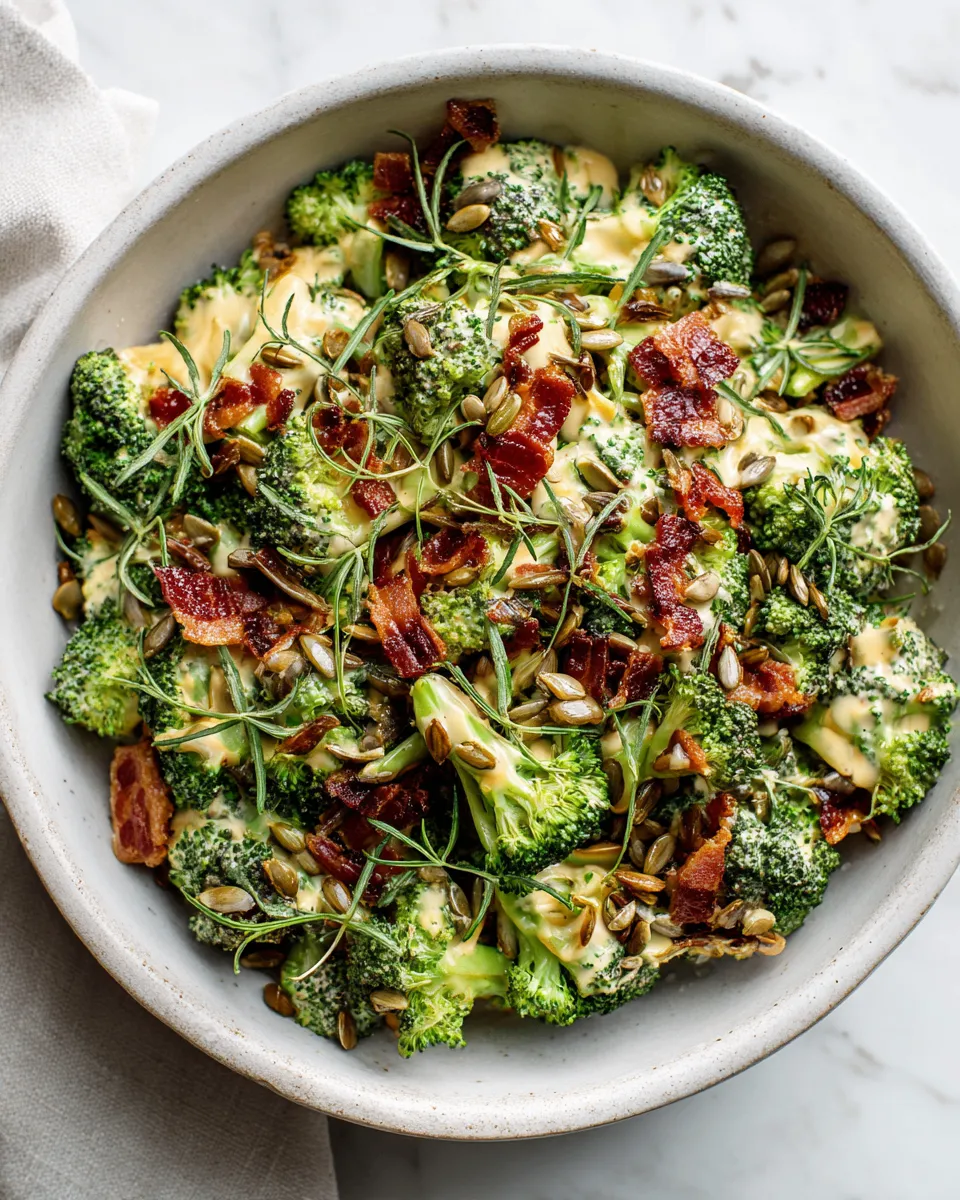 Creamy broccoli bacon cheddar salad with fresh ingredients, perfect for holiday gatherings and easy make-ahead recipes.