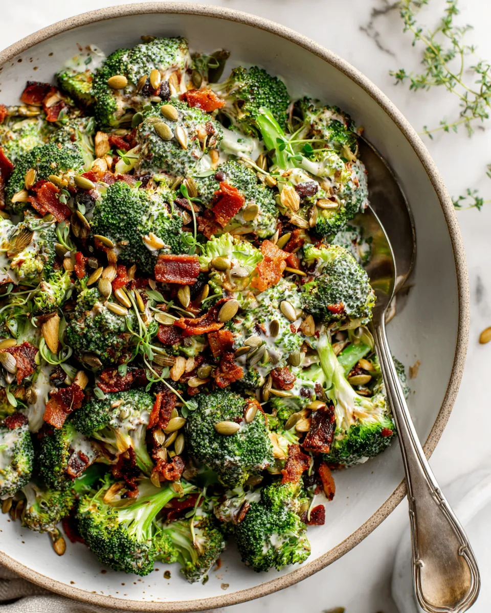 Creamy broccoli bacon cheddar salad with fresh ingredients, perfect for holiday gatherings and easy make-ahead recipes.