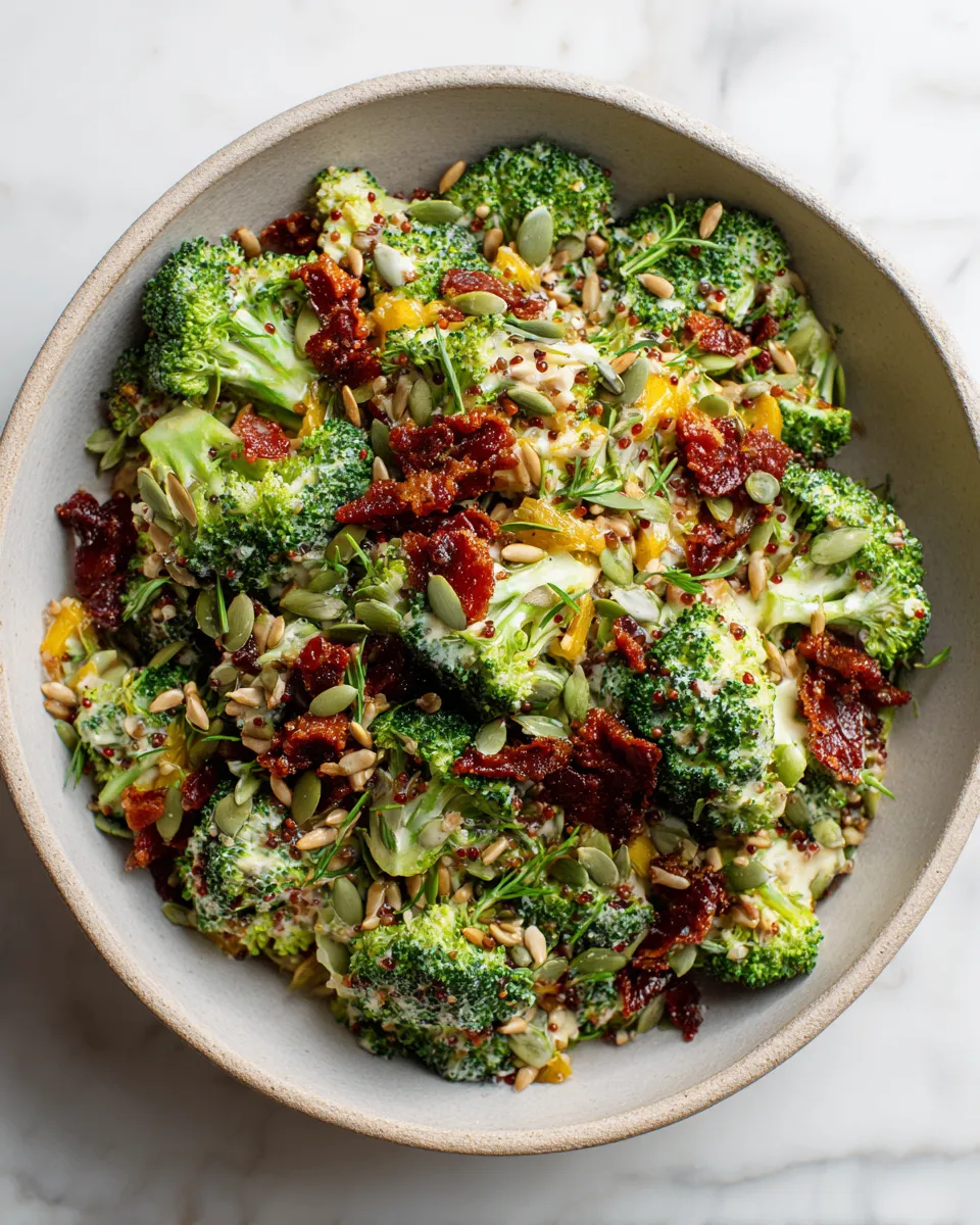 Creamy broccoli bacon cheddar salad with fresh ingredients, perfect for holiday gatherings and easy make-ahead recipes.