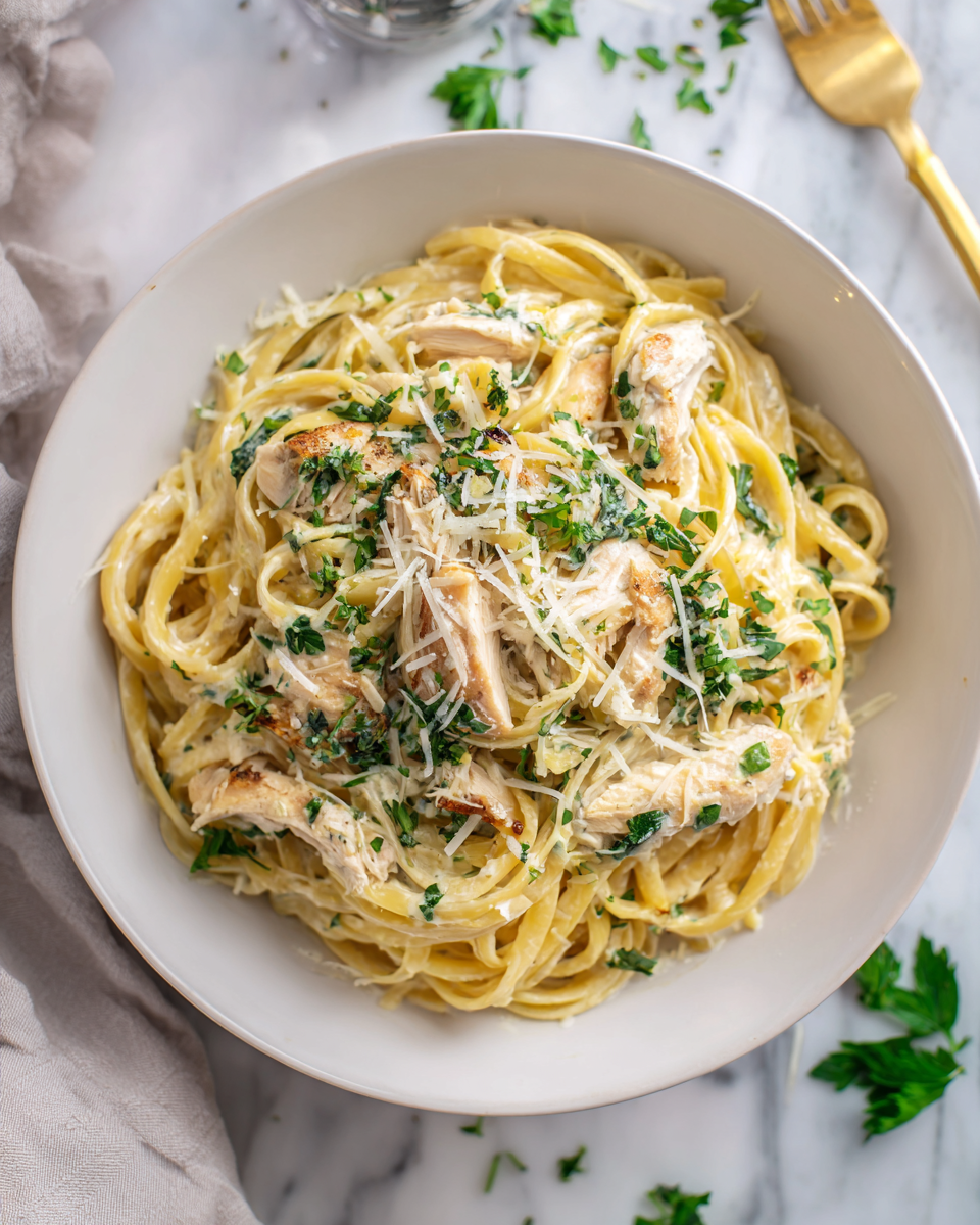Creamy Chicken Alfredo pasta with fettuccine, golden chicken, and herbs in a delicious sauce.