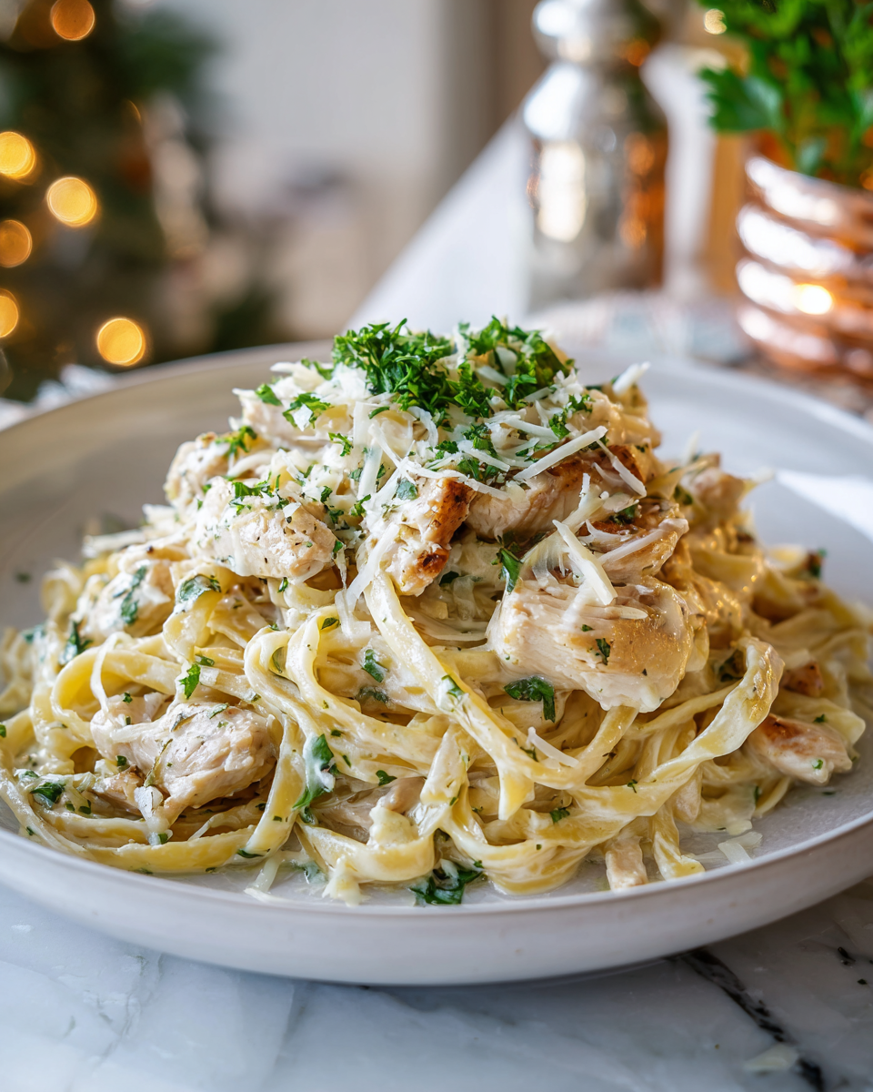 Creamy Chicken Alfredo pasta with fettuccine, golden chicken, and herbs in a delicious sauce.
