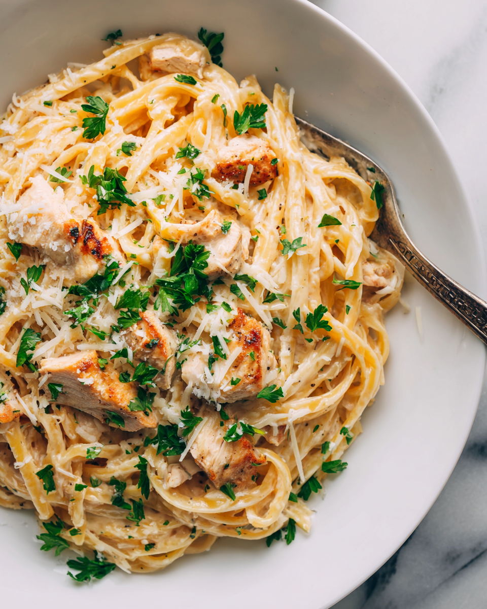 Creamy Chicken Alfredo pasta with fettuccine, golden chicken, and herbs in a delicious sauce.