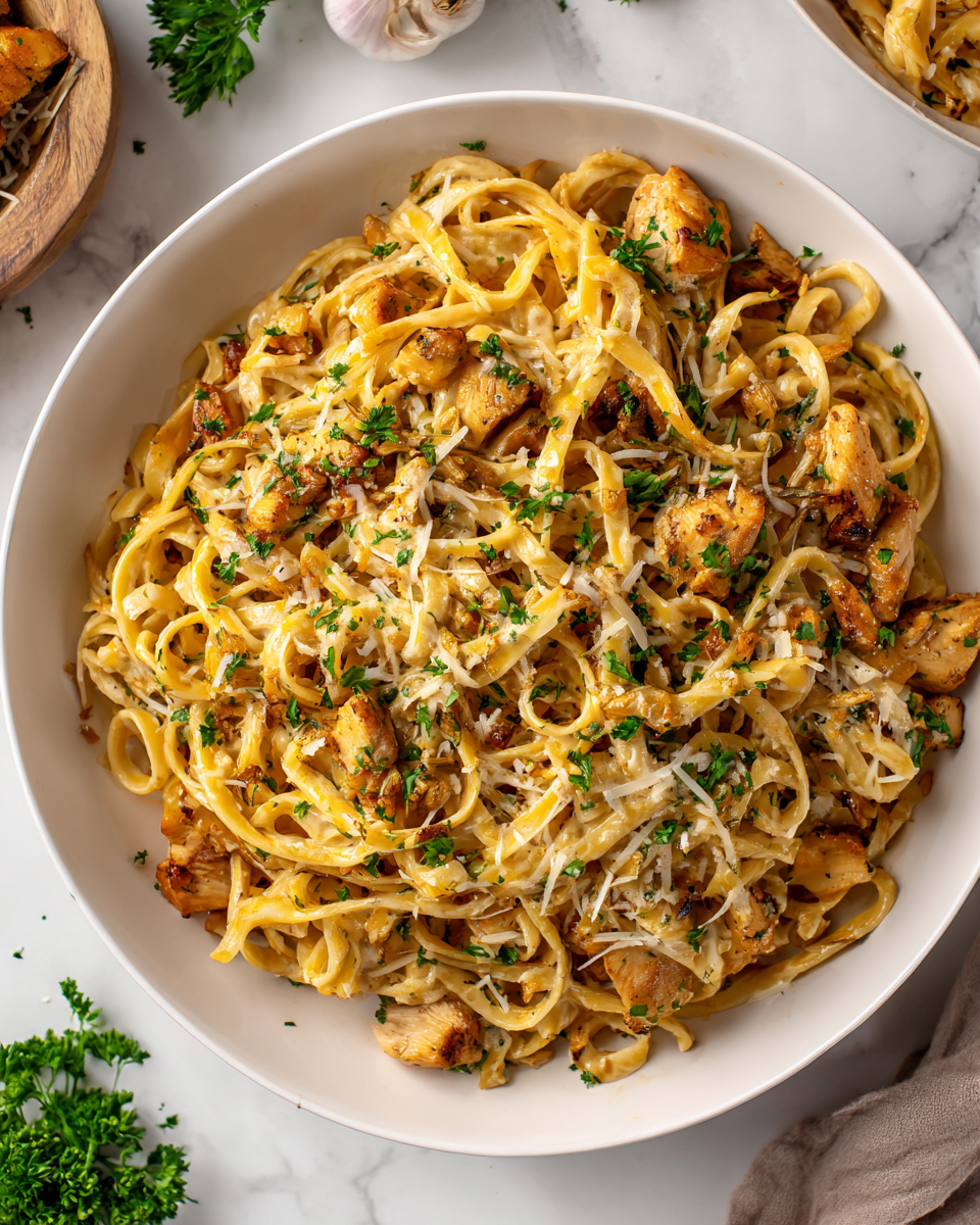 Creamy Chicken Alfredo pasta with fettuccine, golden chicken, and herbs in a delicious sauce.