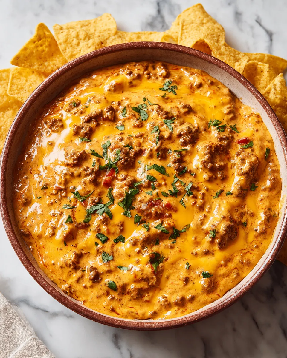 Creamy Chili Queso dip, perfect for holiday gatherings with tortilla chips