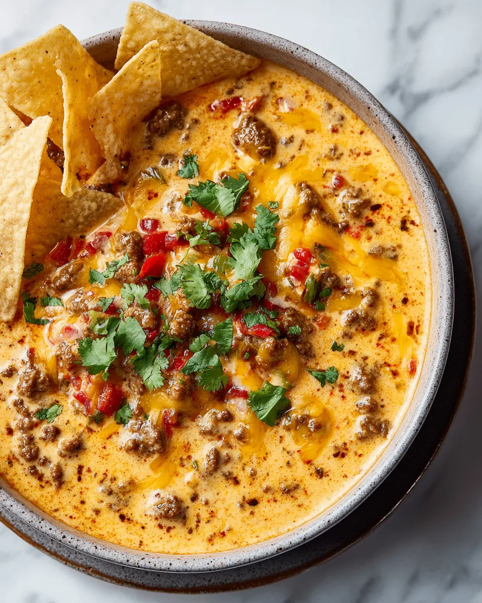Creamy Chili Queso dip, perfect for holiday gatherings with tortilla chips