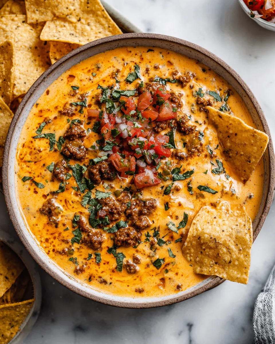 Creamy Chili Queso dip, perfect for holiday gatherings with tortilla chips