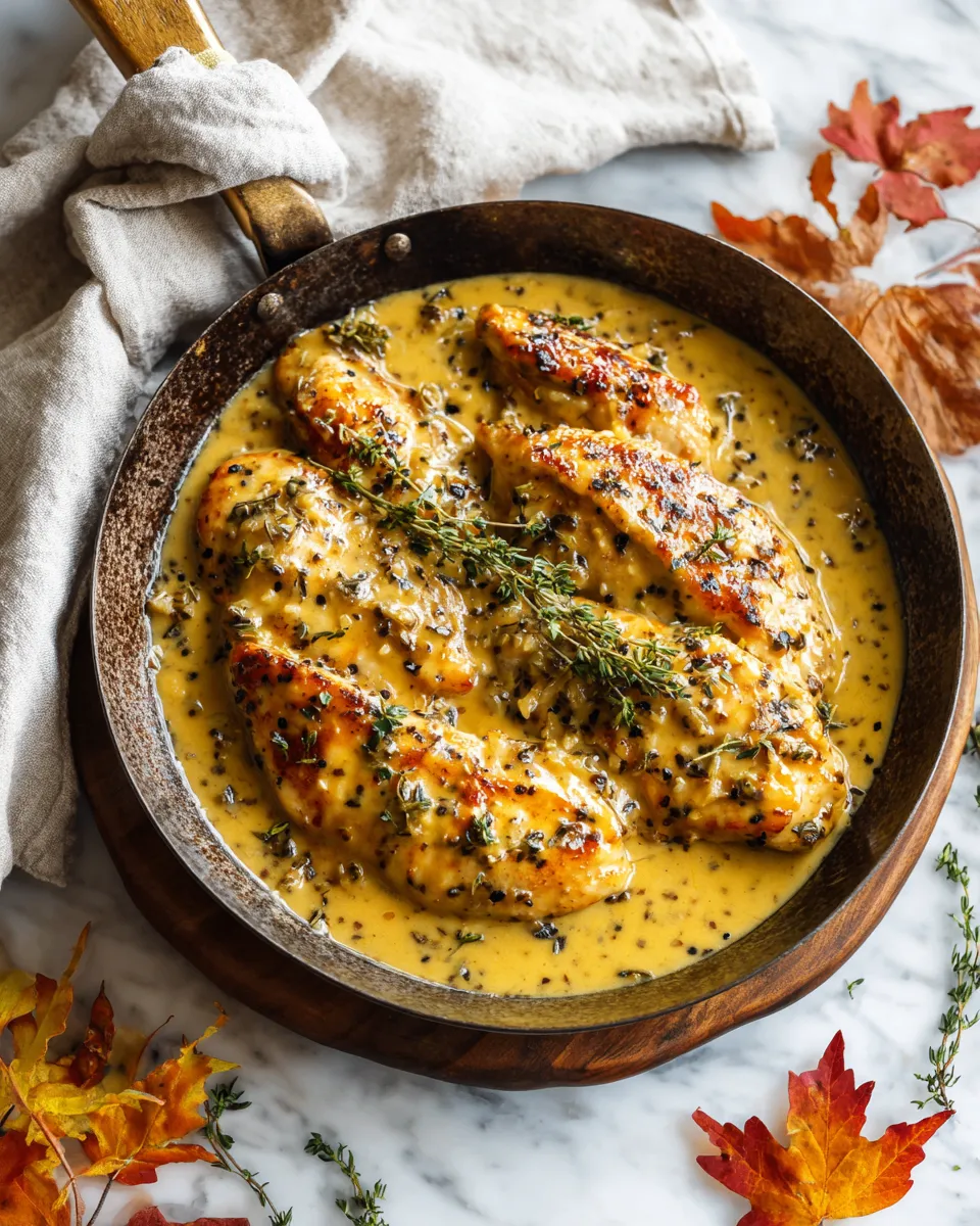 Creamy Honey Mustard Chicken recipe with tender chicken breasts and a savory sauce, perfect for holiday meals and cozy dinners.