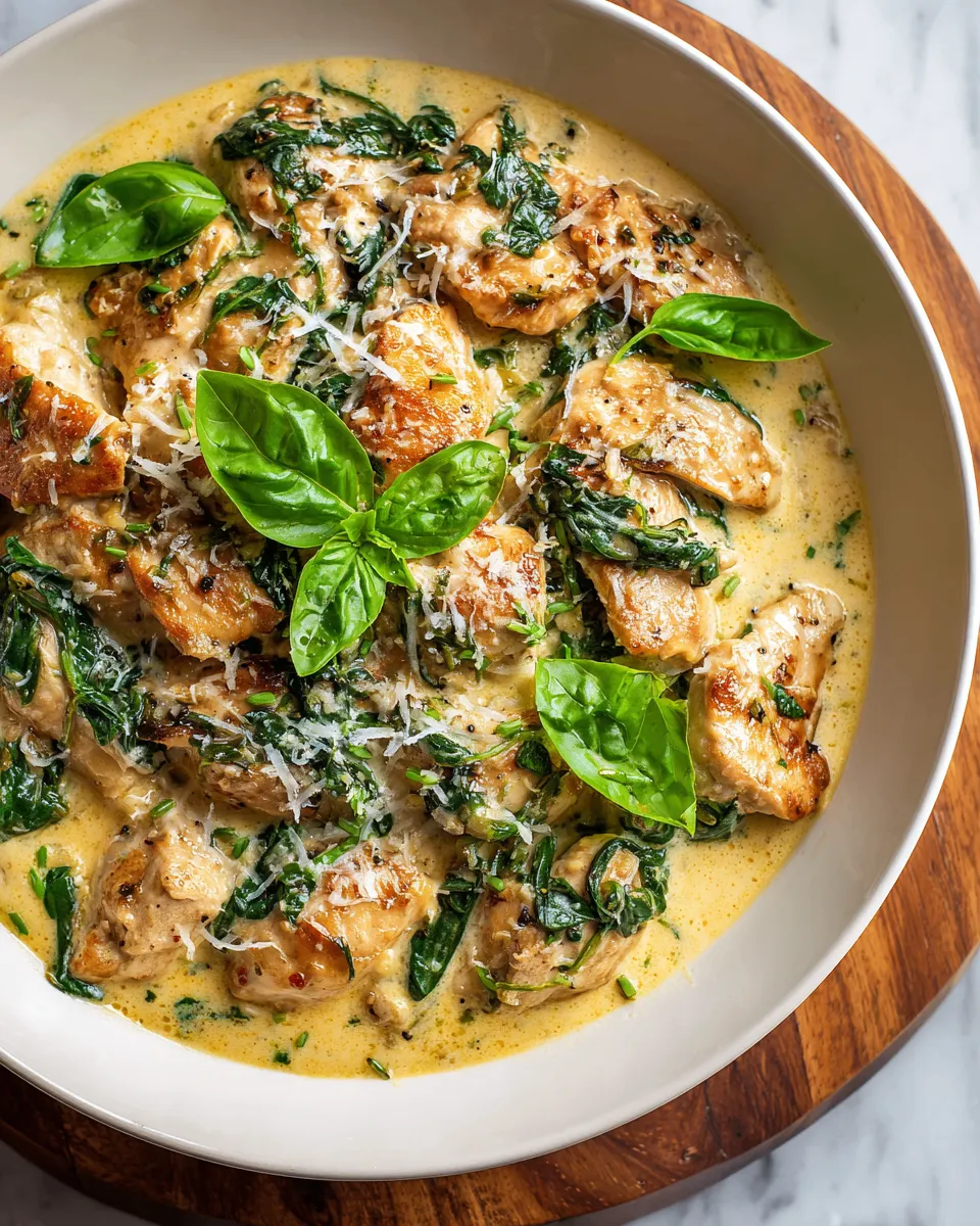 Creamy Tuscan Garlic Chicken with spinach and Parmesan, a quick and delicious skillet recipe perfect for weeknights.