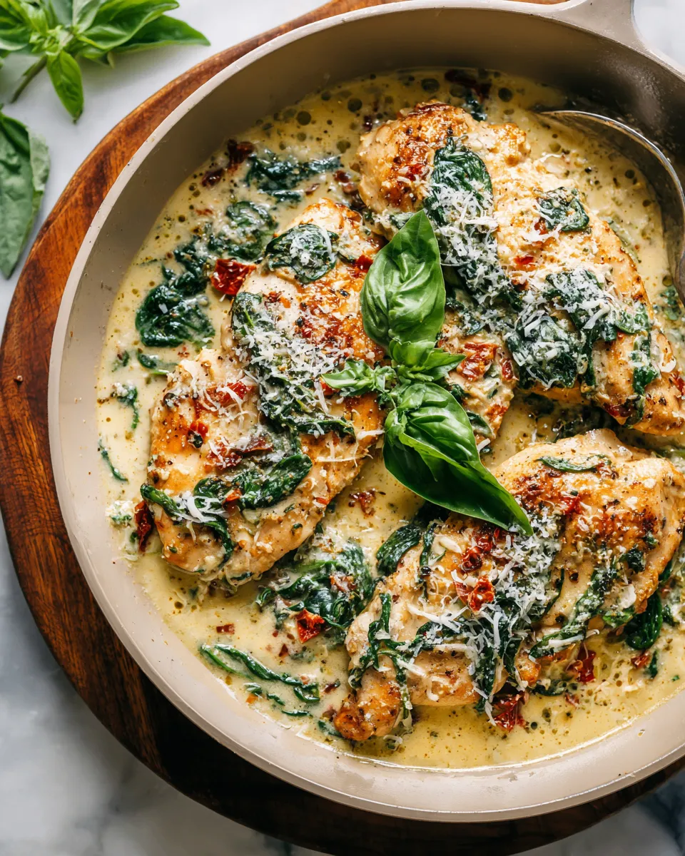 Creamy Tuscan Garlic Chicken with spinach and Parmesan, a quick and delicious skillet recipe perfect for weeknights.