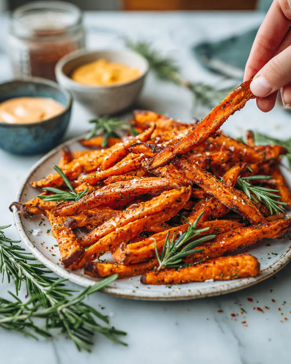 Delicious crispy sweet potato fries, a healthy holiday side dish for festive gatherings, garnished with spices and served with dipping sauces.