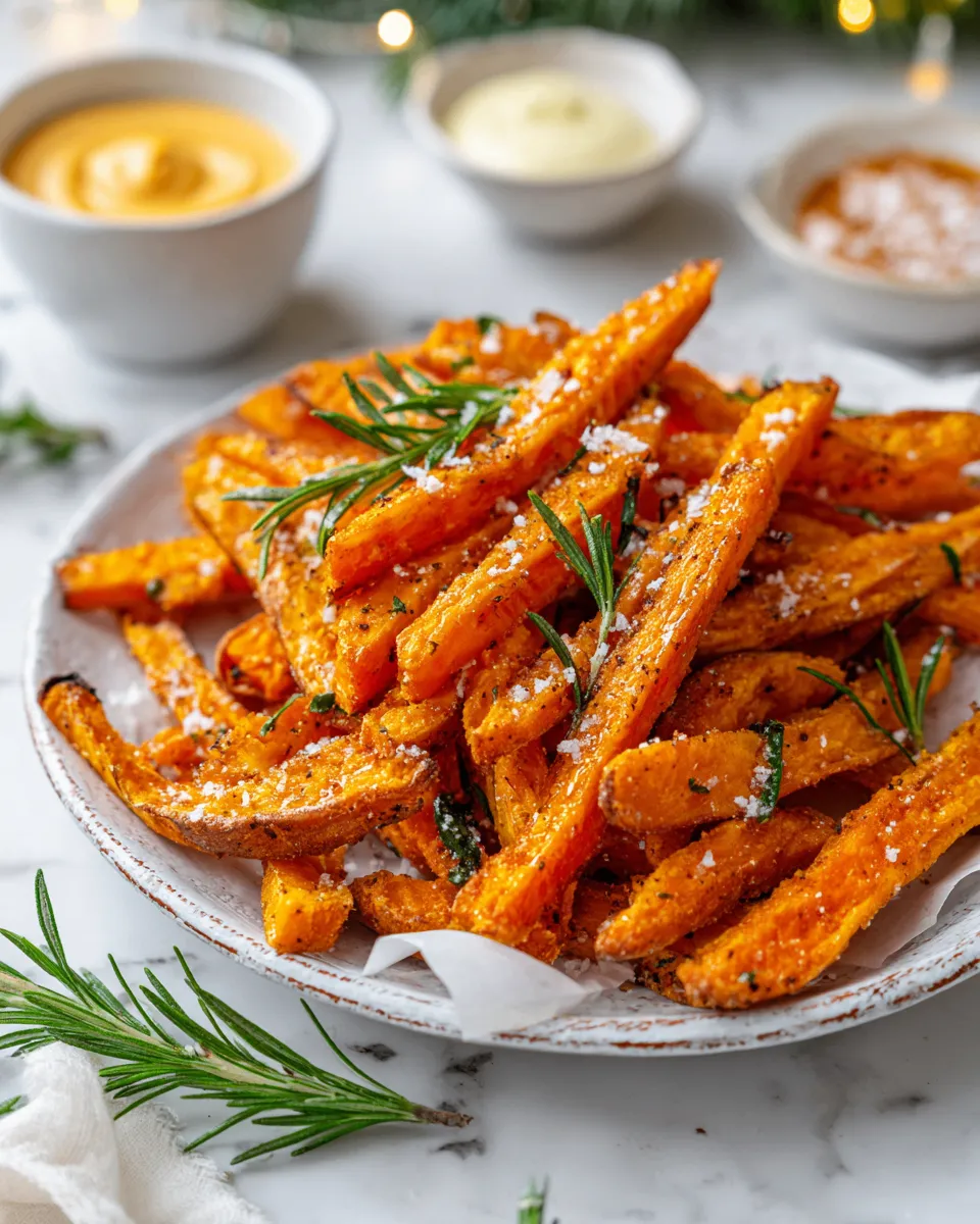 Delicious crispy sweet potato fries, a healthy holiday side dish for festive gatherings, garnished with spices and served with dipping sauces.