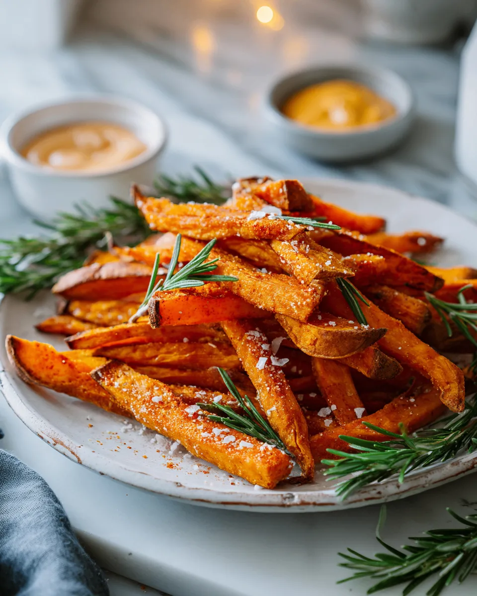 Delicious crispy sweet potato fries, a healthy holiday side dish for festive gatherings, garnished with spices and served with dipping sauces.
