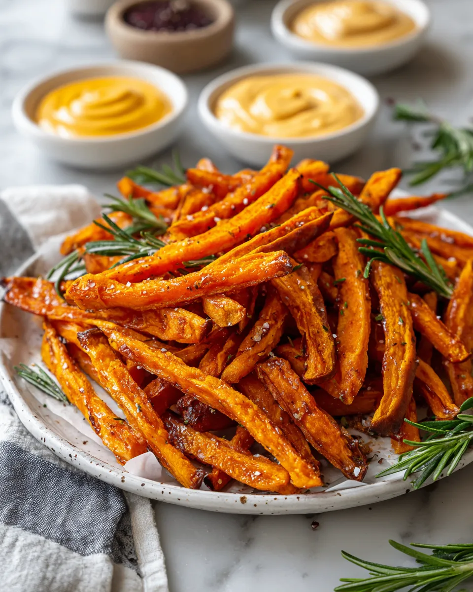 Delicious crispy sweet potato fries, a healthy holiday side dish for festive gatherings, garnished with spices and served with dipping sauces.