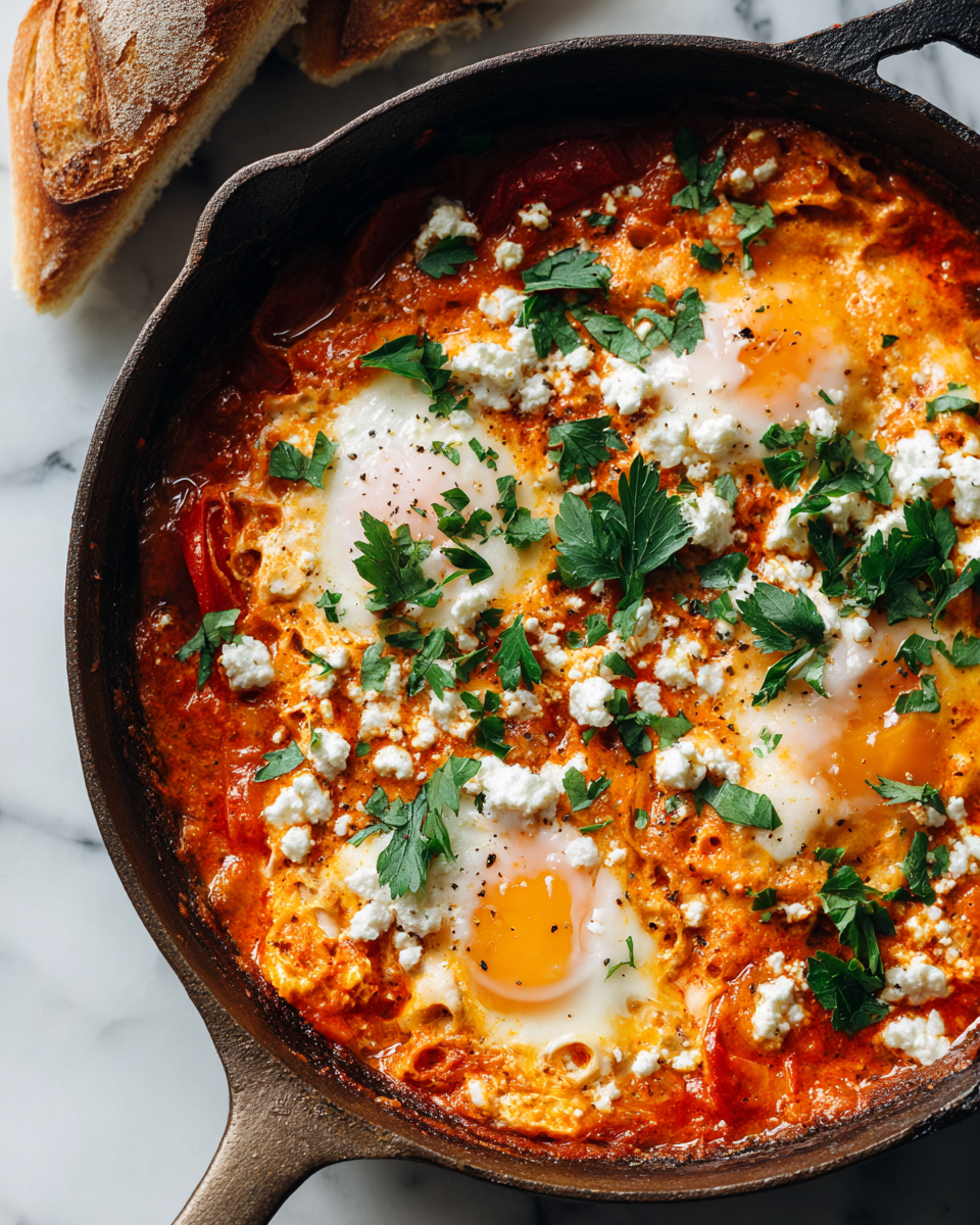 Cozy shakshuka with poached eggs in spiced tomato sauce, perfect for sharing this autumn.