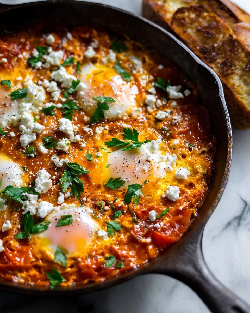 Cozy shakshuka with poached eggs in spiced tomato sauce, perfect for sharing this autumn.