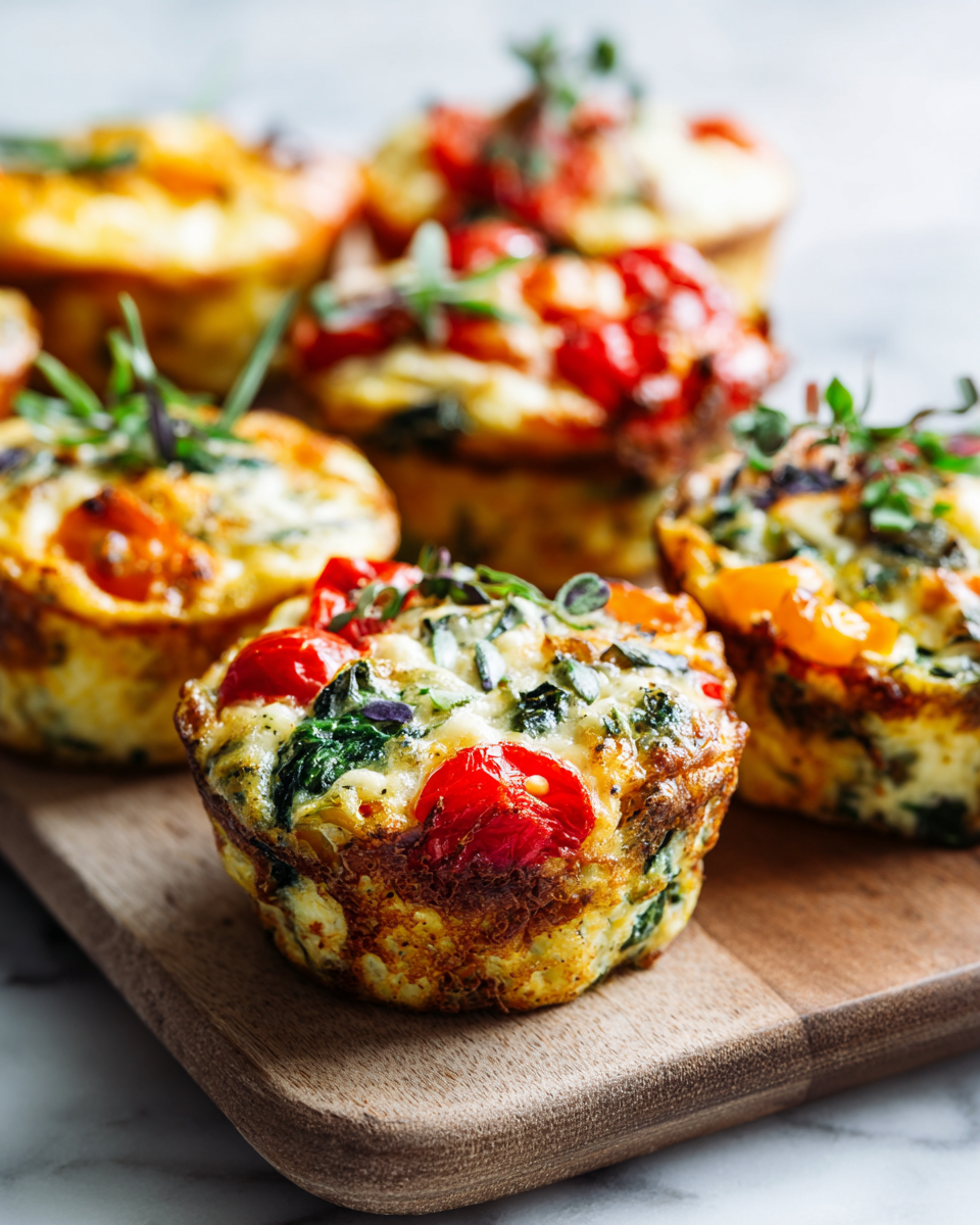 Baked mini frittata cups filled with vegetables and cheese, perfect for brunch and gatherings. Easy to make and delicious!