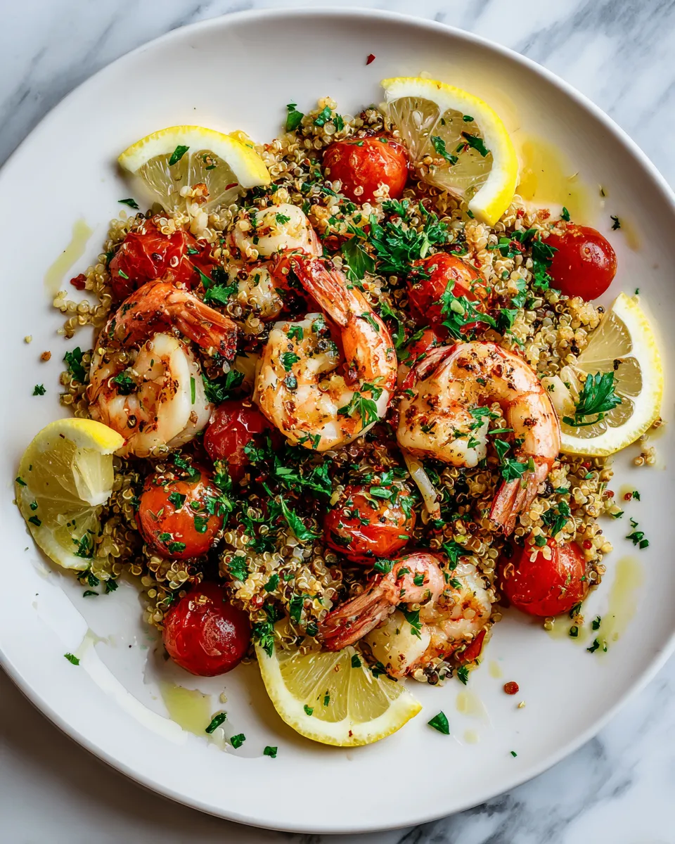 Delicious garlic shrimp quinoa dish topped with fresh parsley, perfect for holiday meals and gatherings.