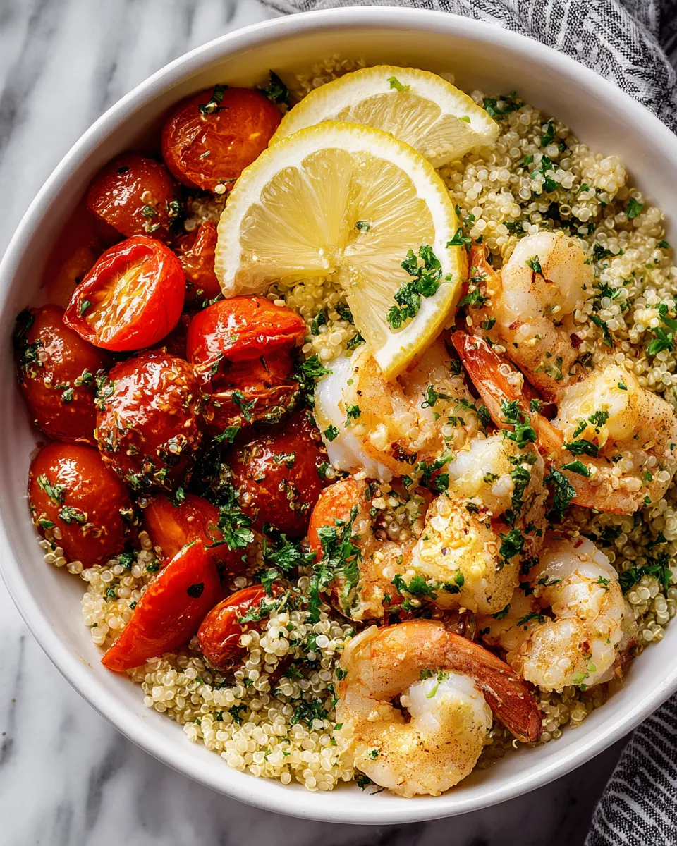 Delicious garlic shrimp quinoa dish topped with fresh parsley, perfect for holiday meals and gatherings.