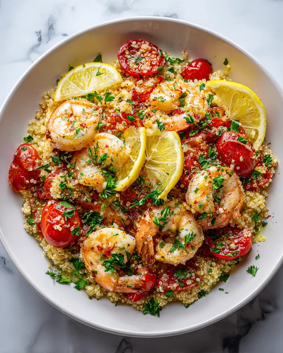 Delicious garlic shrimp quinoa dish topped with fresh parsley, perfect for holiday meals and gatherings.