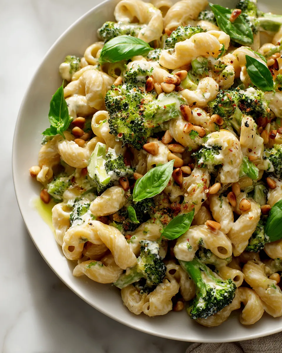 Delicious goat cheese pasta with broccoli and pine nuts cooked on stovetop, perfect for holiday dining