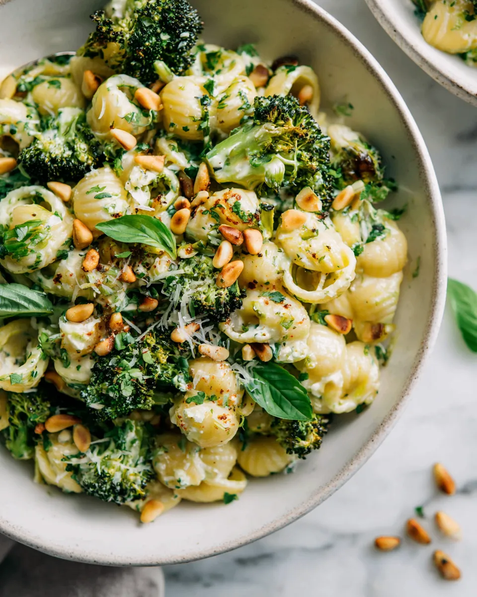 Delicious goat cheese pasta with broccoli and pine nuts cooked on stovetop, perfect for holiday dining