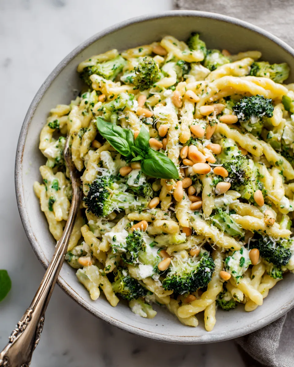 Delicious goat cheese pasta with broccoli and pine nuts cooked on stovetop, perfect for holiday dining